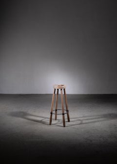 High French Stool in Wood with Metal Foot Ring