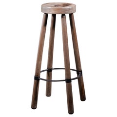 High French Stool in Wood with Metal Foot Ring
