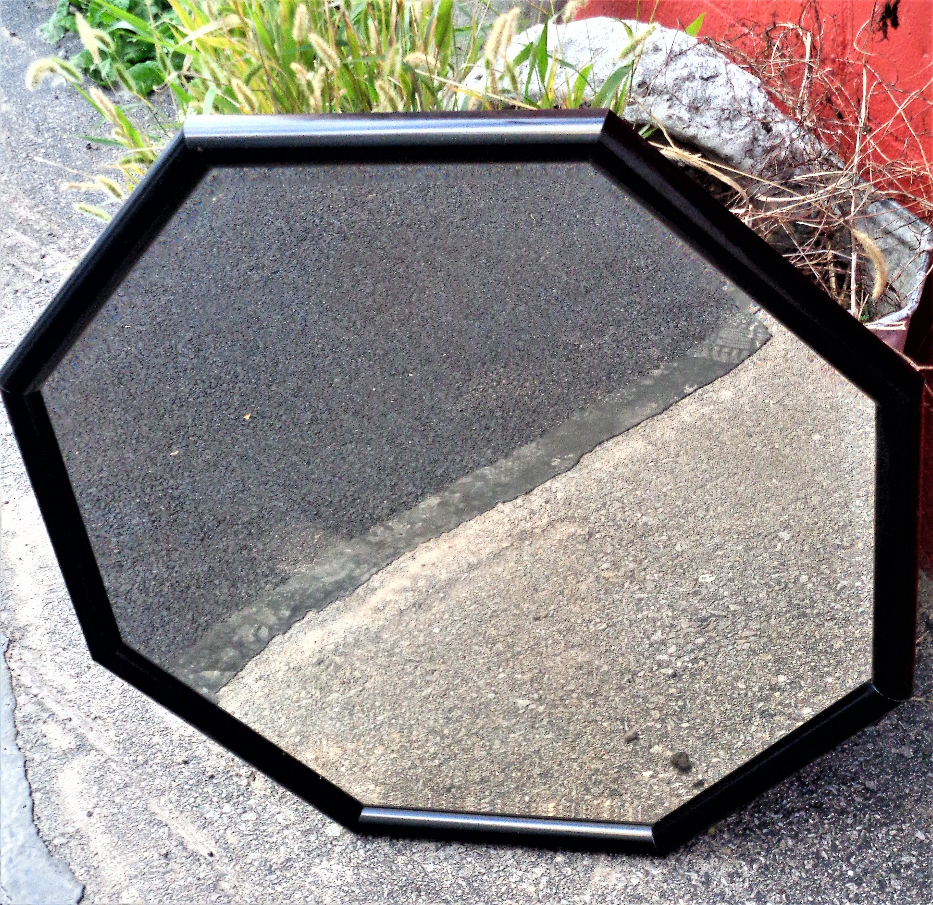  Black Octagonal Wall Mirror 1970's In Good Condition For Sale In Rochester, NY