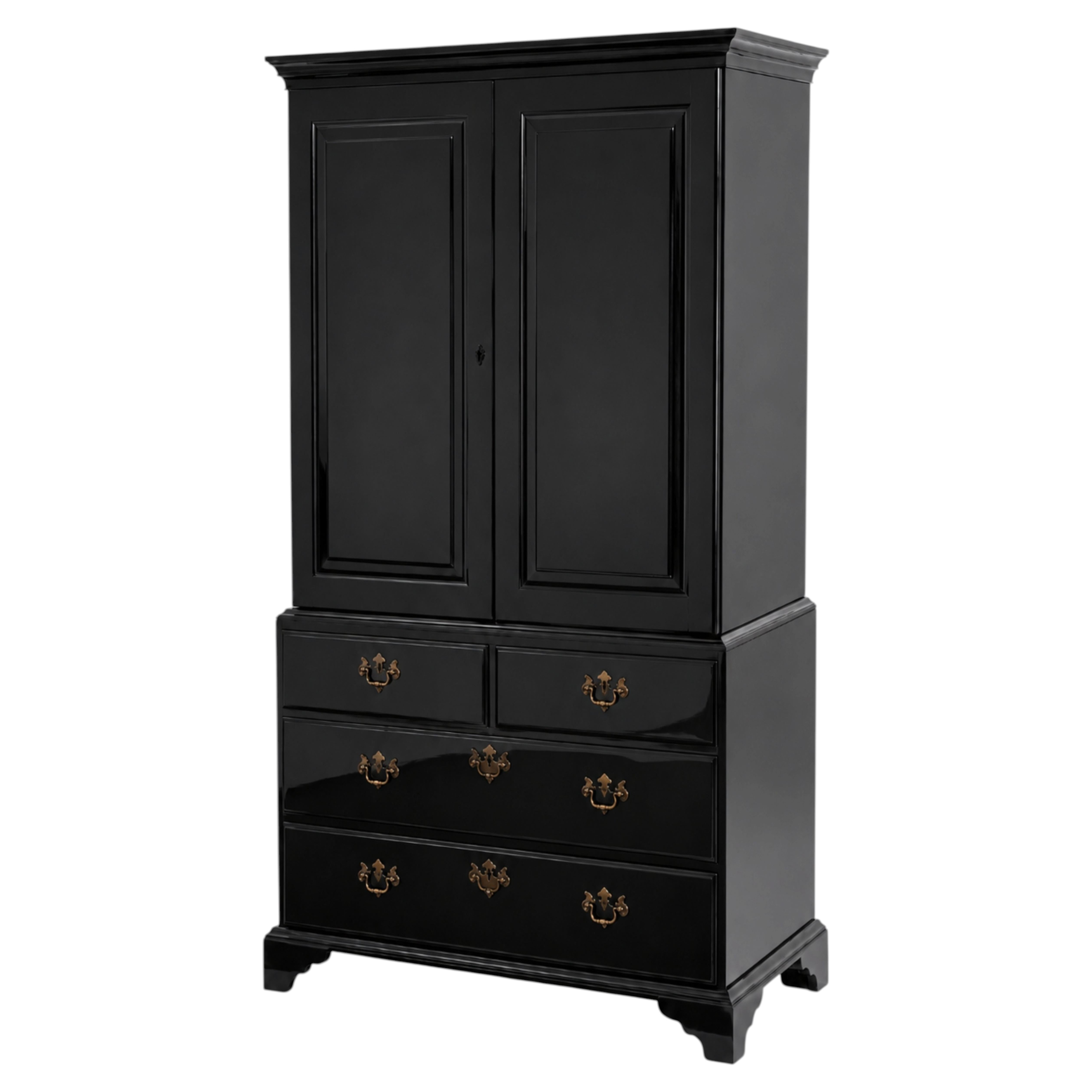 High-Gloss Black Lacquer Armoire Cabinet with Bronze Hardware, Late 19th Century For Sale