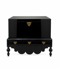High-Gloss Black Lacquer Chest on Stand with Three Drawers and Brass Hardware
