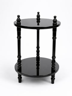 High-Gloss Black Lacquer Two-Tier Round Pedestal Stand with Turned Legs