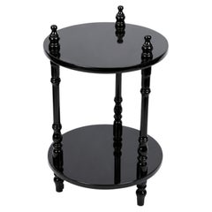 High-Gloss Black Lacquer Two-Tier Round Pedestal Stand with Turned Legs