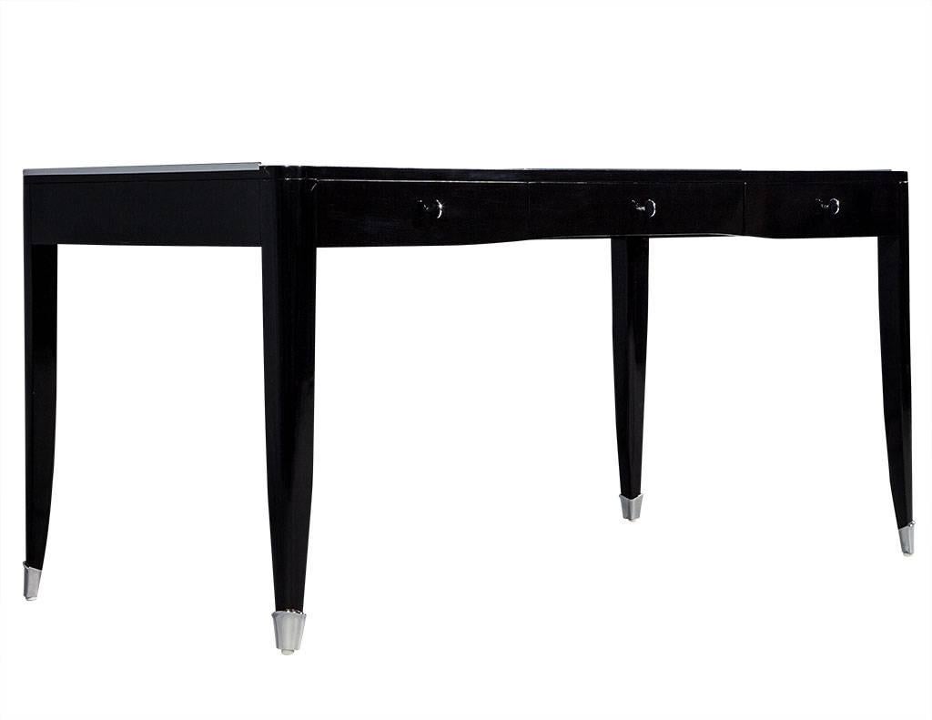 Modern High Gloss Black Lacquer Writing Desk with Polished Stainless Steel Accents