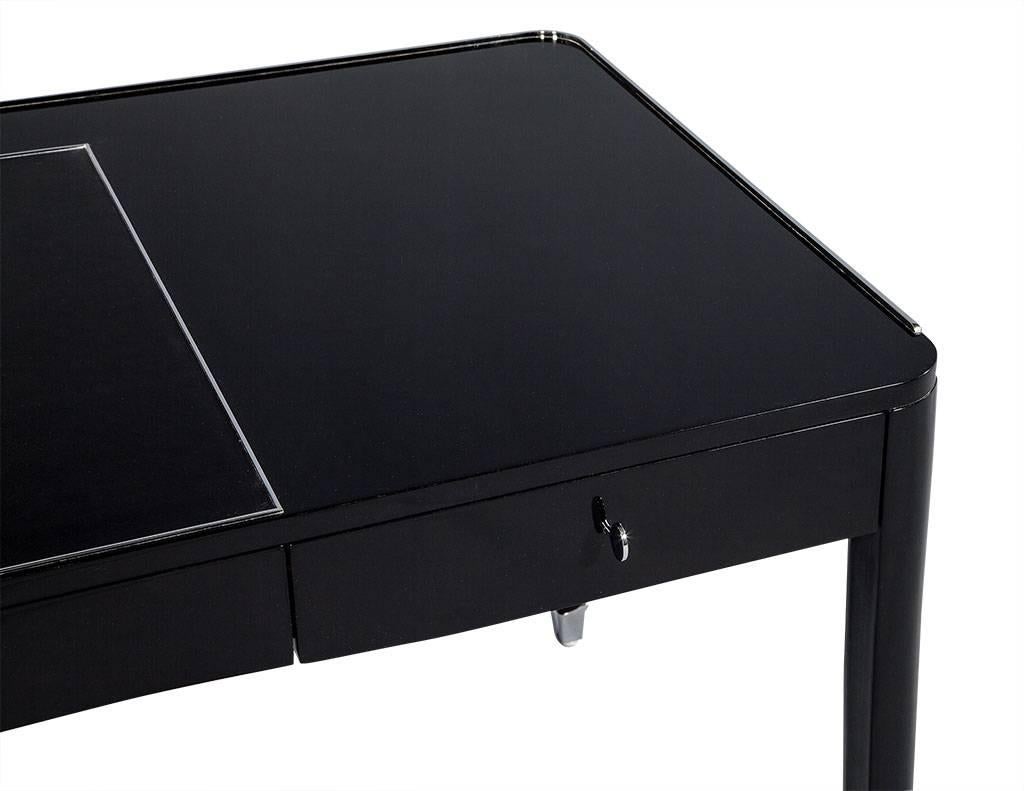 High Gloss Black Lacquer Writing Desk with Polished Stainless Steel Accents In Excellent Condition In North York, ON