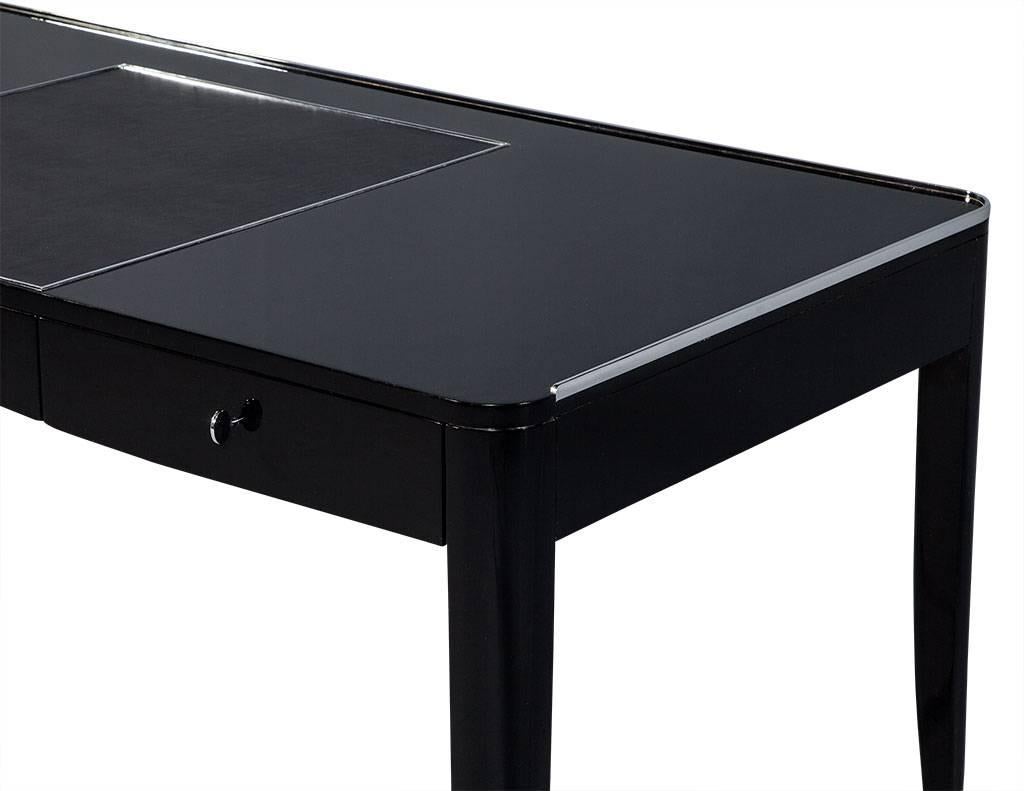 Contemporary High Gloss Black Lacquer Writing Desk with Polished Stainless Steel Accents