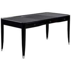 High Gloss Black Lacquer Writing Desk with Polished Stainless Steel Accents