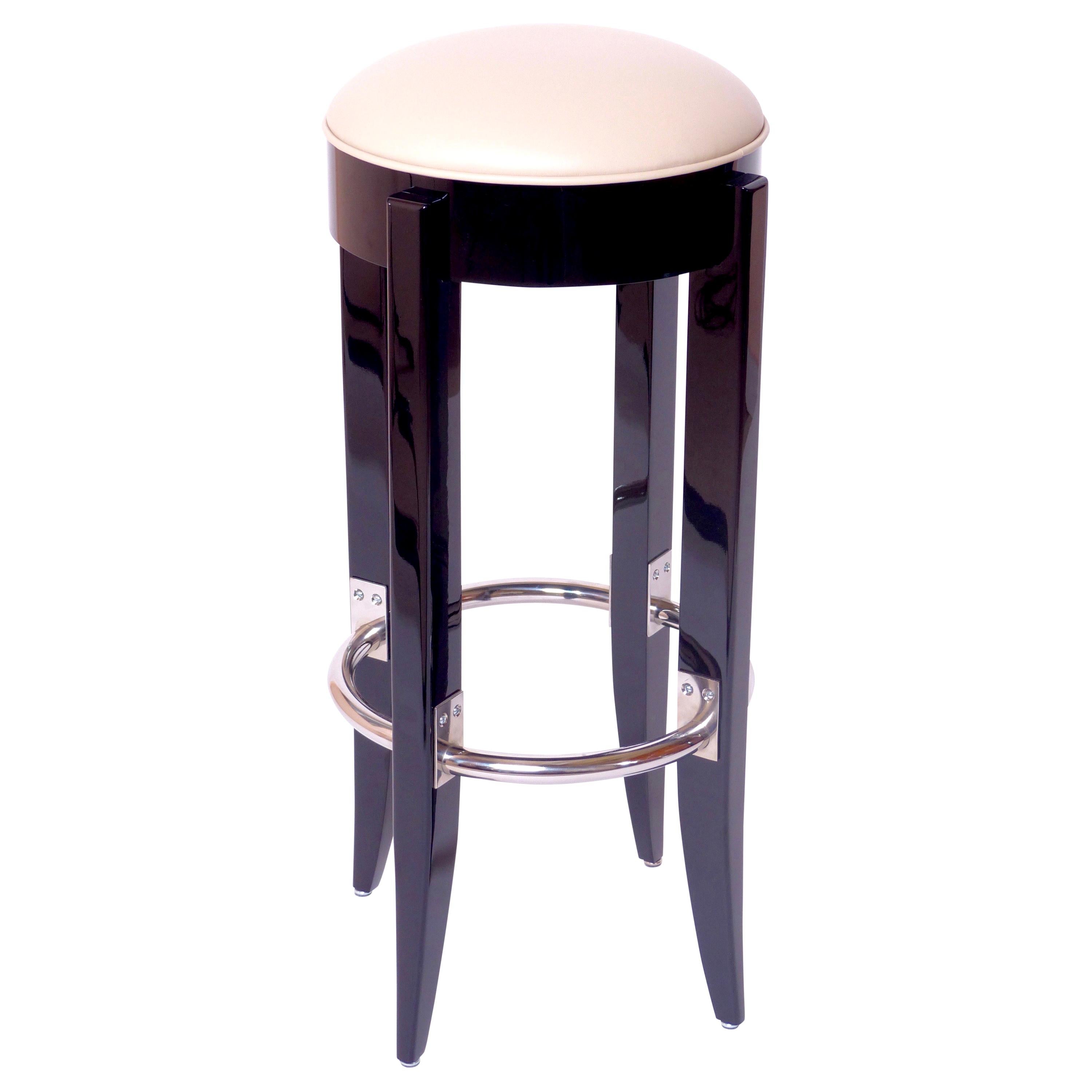 High Gloss Black Piano Lacquer Barstool in the Style of French Art Deco
