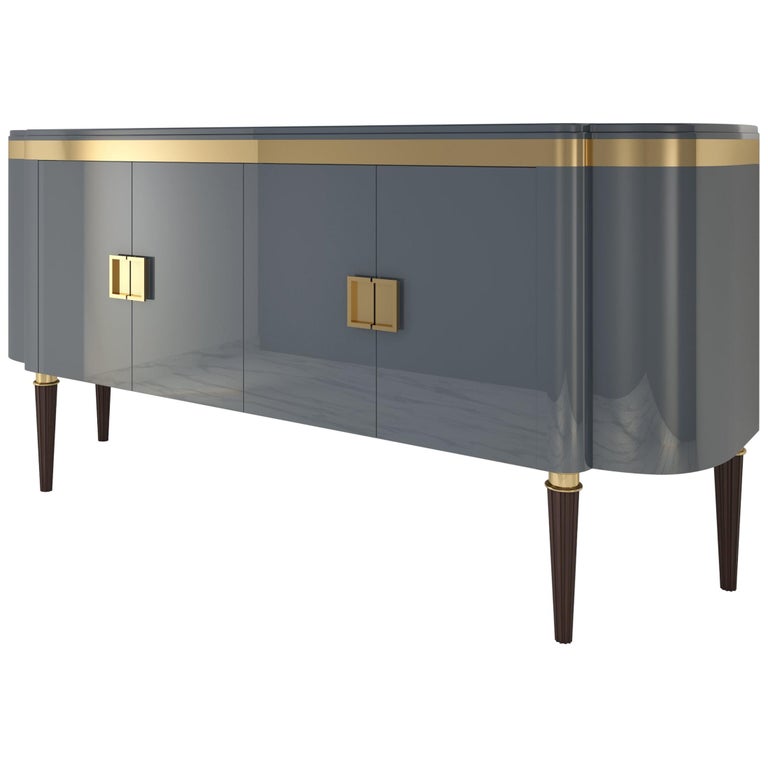 High Gloss Design Sideboard with a Grey Paintjob and Brass Details For