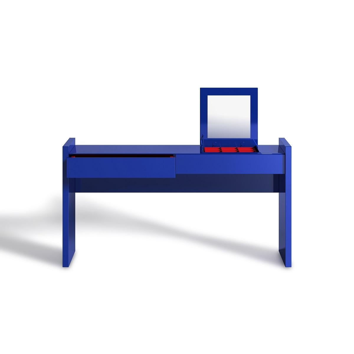 Modern High-Gloss Electric Blue Lacquer Dressing Table Featuring Matte Red Accents For Sale
