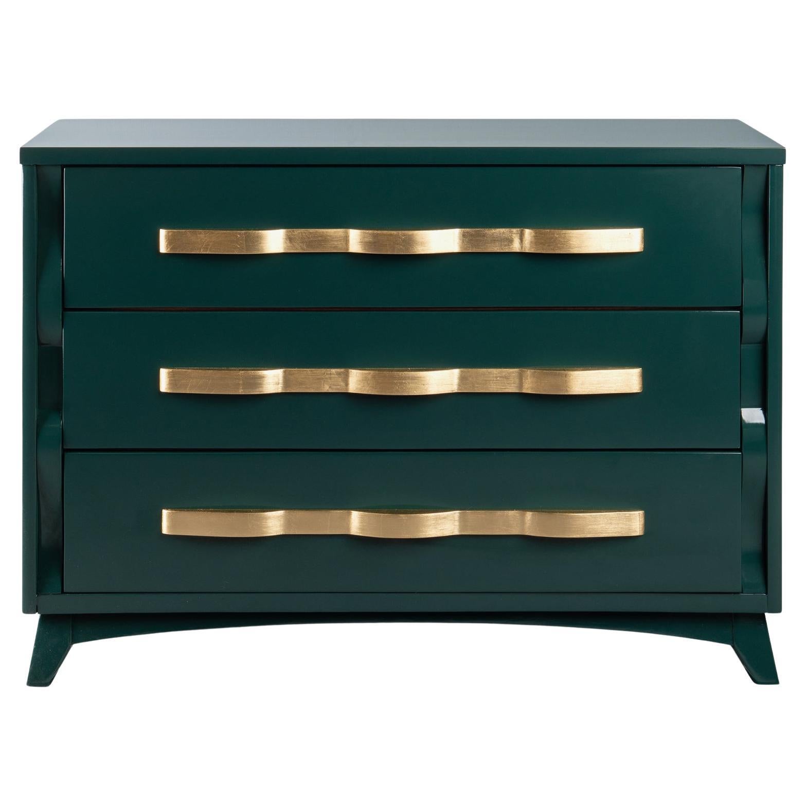 Cassettiera a 3 cassetti di metà secolo in Greene & Greene & Greene, lucida e dorata in vendita