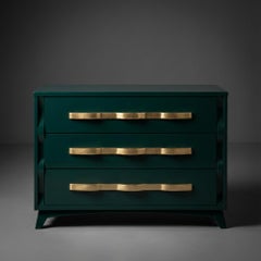 High-Gloss Hunter Green & Gilt 3-Drawer Mid-Century Sideboard Dresser