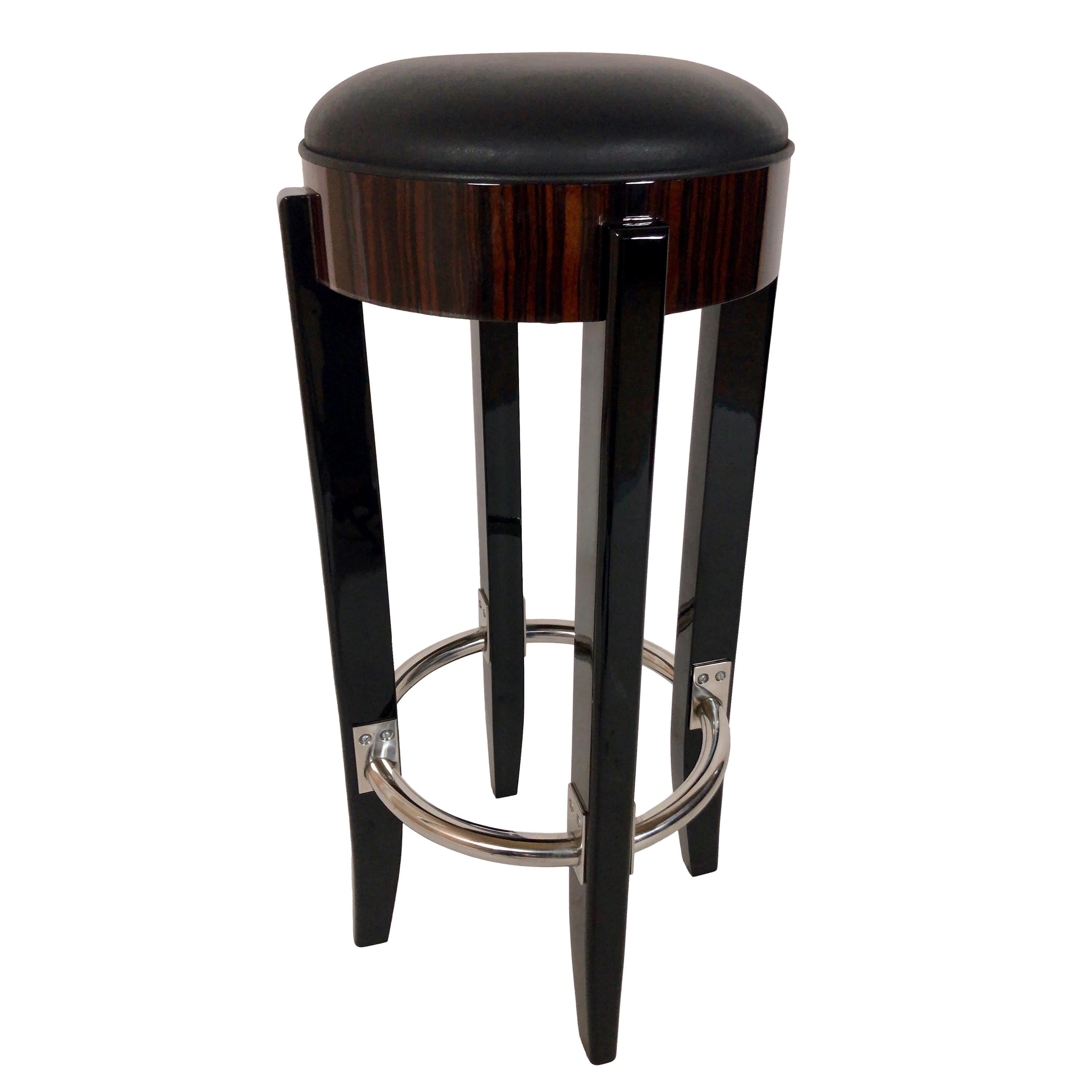 High Gloss Macassar and Black Lacquer Barstool in the Style of French Art Deco