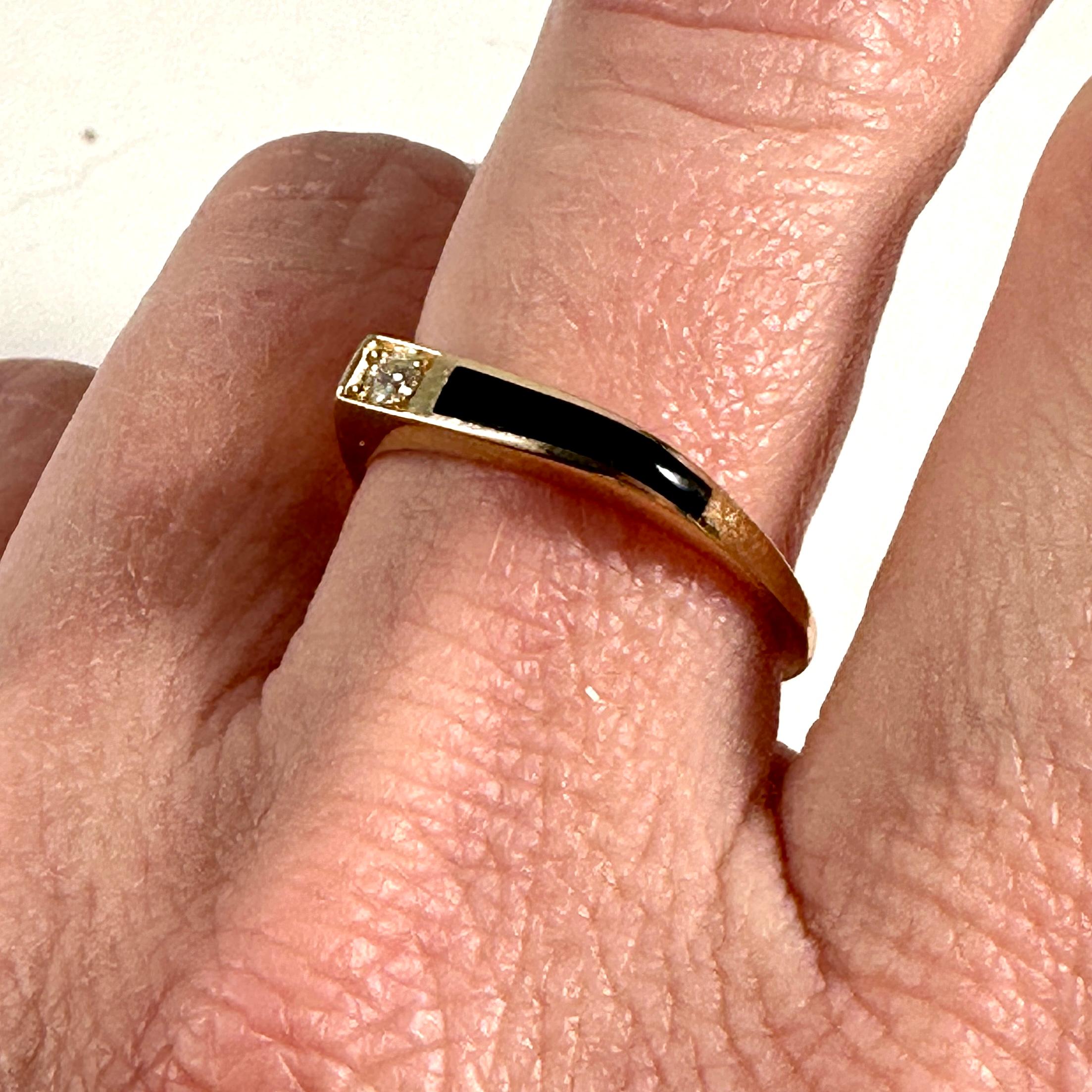 Contemporary High Grade Black Onyx Stacker Ring with Side Diamond 14kt Yellow Gold, by Kabana For Sale