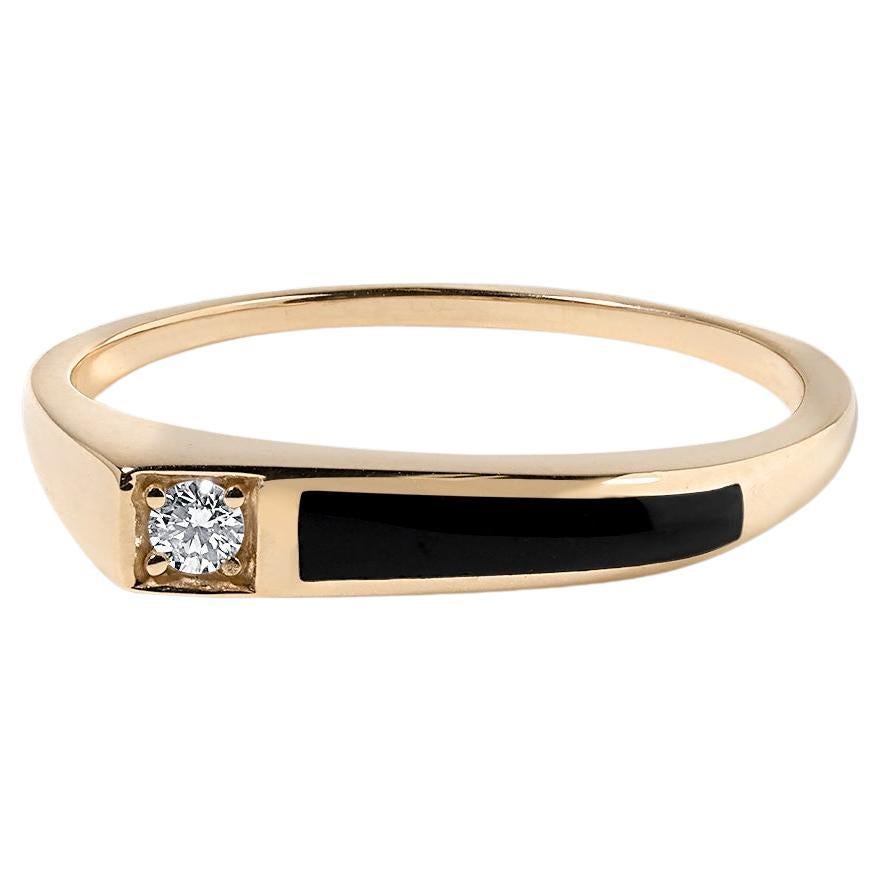 High Grade Black Onyx Stacker Ring with Side Diamond 14kt Yellow Gold, by Kabana For Sale