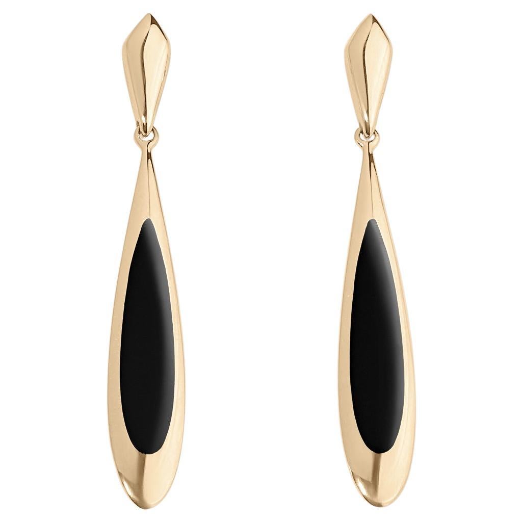High-Grade, Black Onyx Tear-Drop Post Earrings, 14 Karat Yellow Gold by Kabana For Sale
