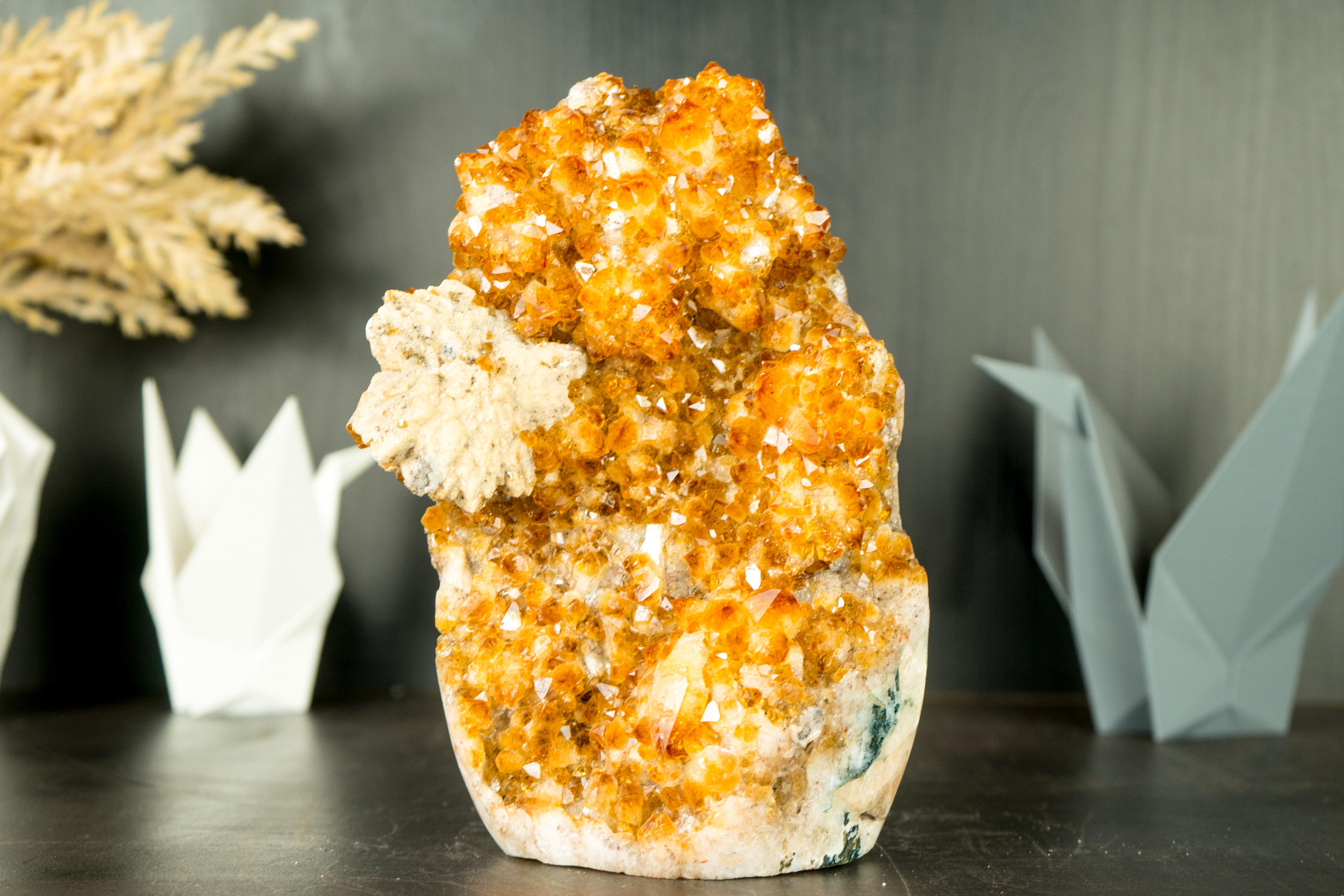 Citrine Cluster with Rich Amber Citrine Druzy and Calcite Flower

▫️ Description

A Citrine with world-class citrine color tones, high-grade druzy, and an aesthetical calcite flower inclusion, this small yet gorgeous crystal promises to be a