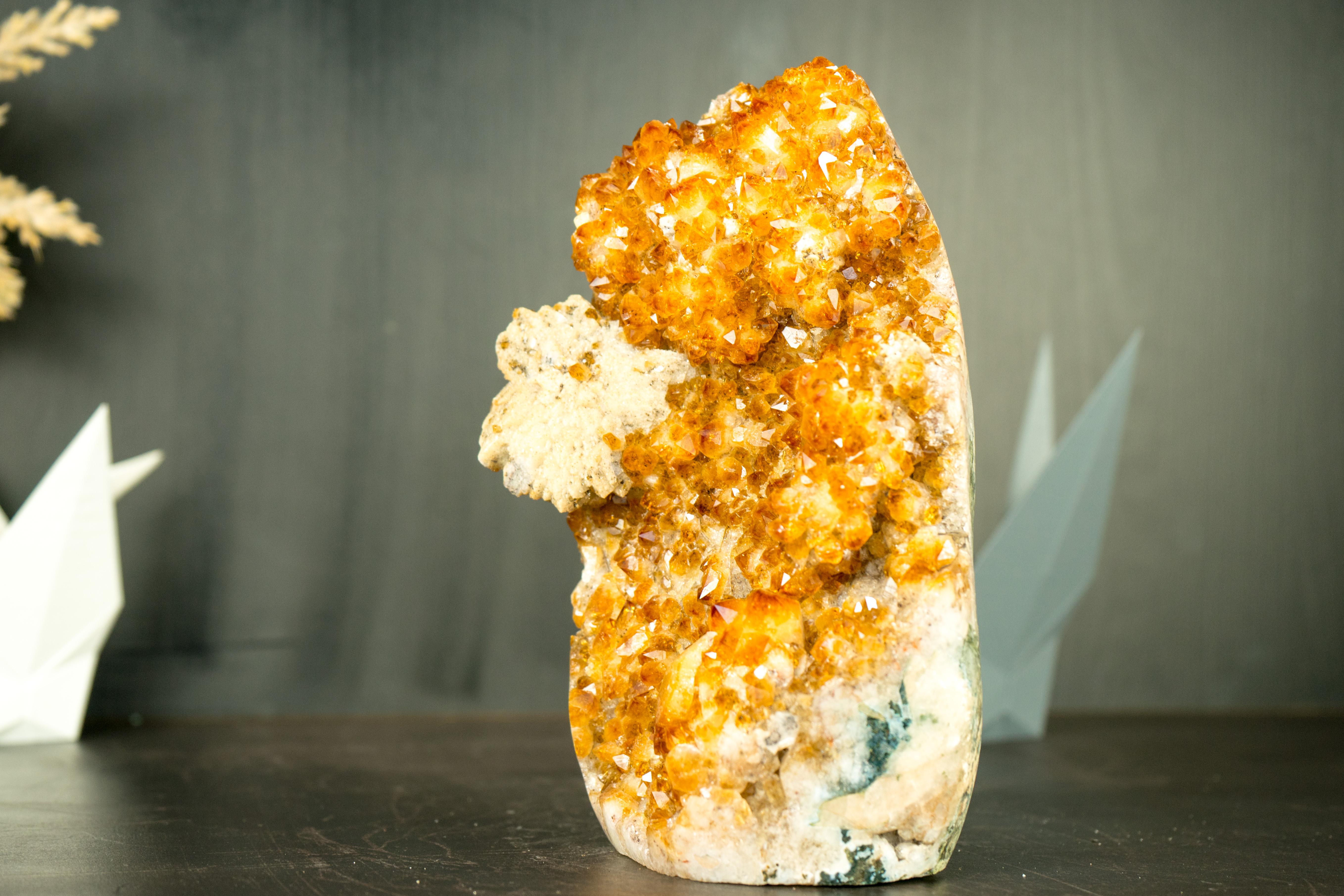 Agate High-Grade Citrine Cluster with Rich Amber Citrine Color and Flower Calcite For Sale