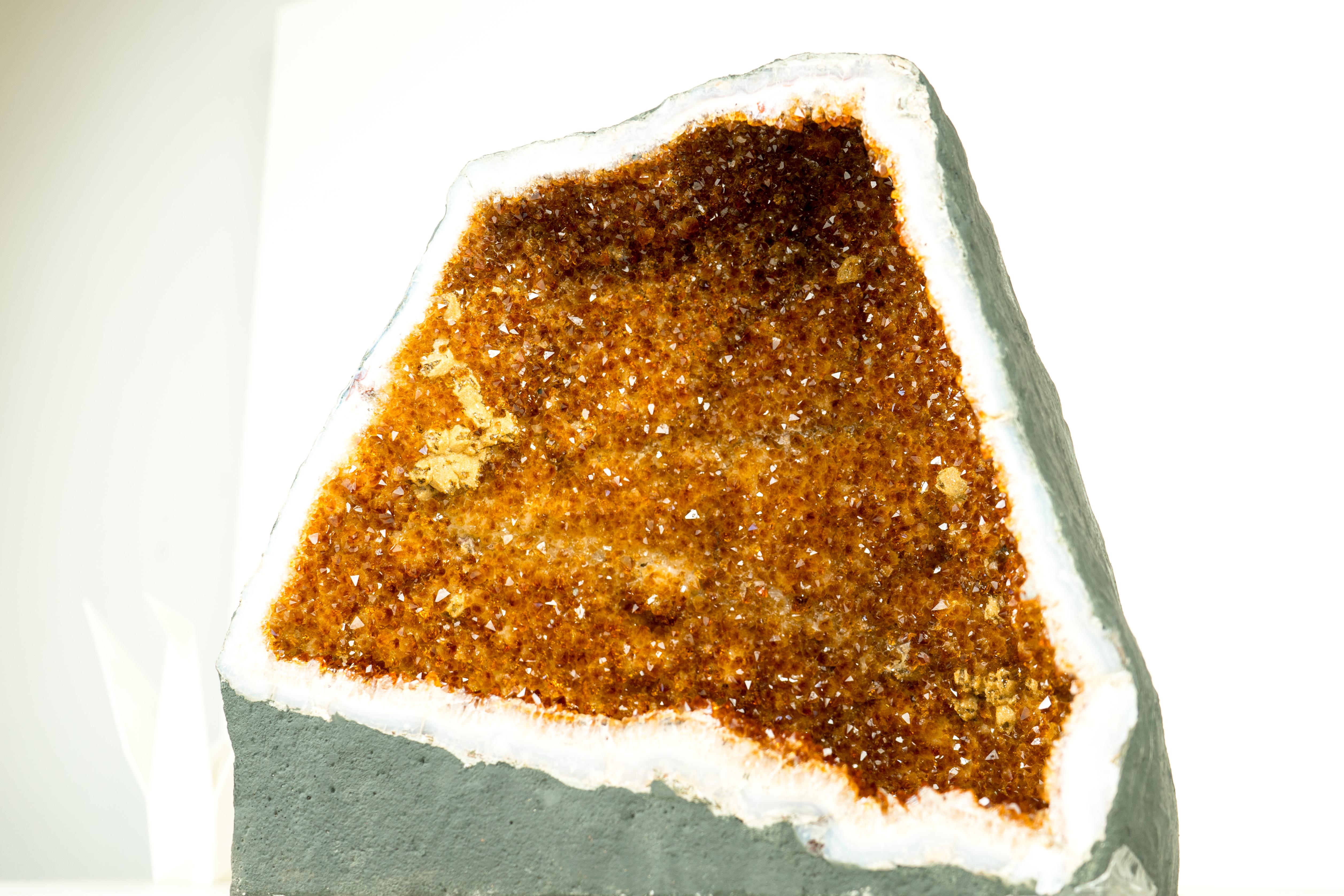 Brazilian High-Grade Citrine Geode Cave - Saturated Orange Druzy Crystals and Stalactites For Sale