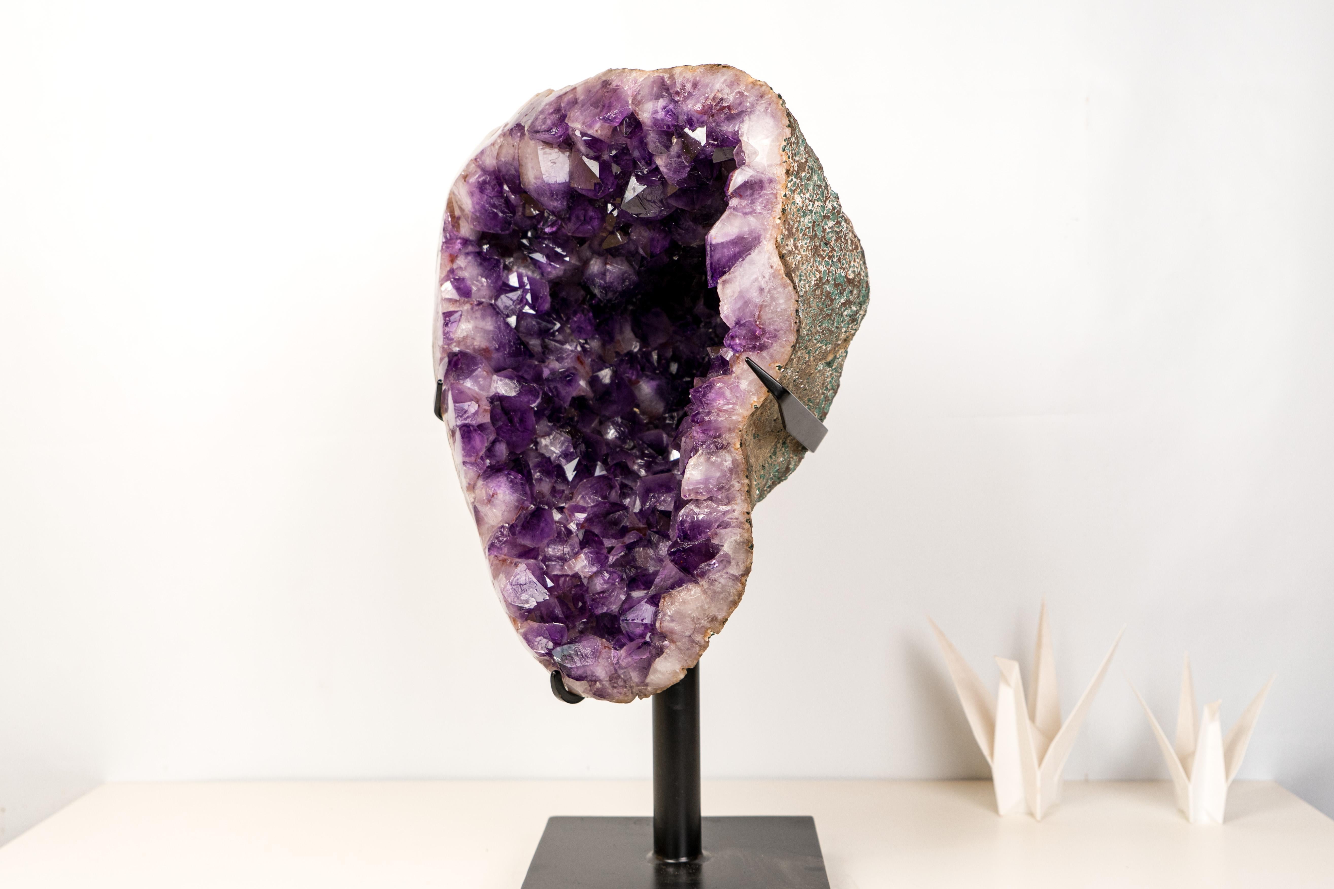 High-Grade Deep Purple Amethyst Geode on Custom Stand For Sale 1