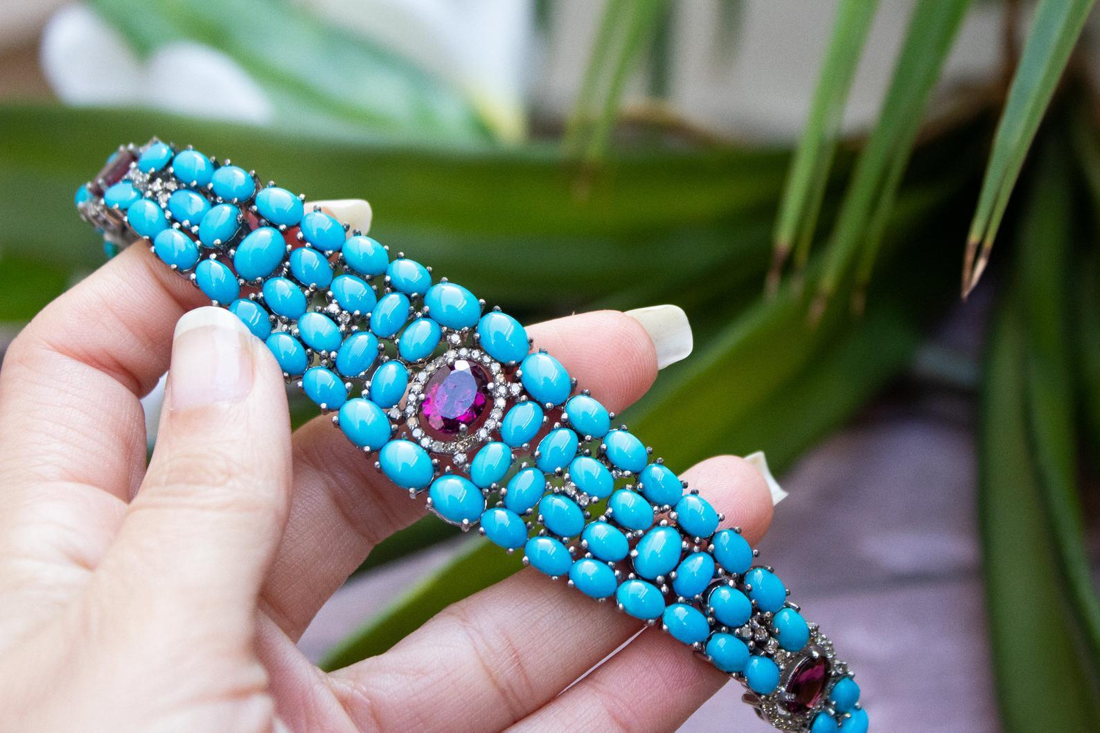 Artisan High Grade Diamond Turquoise Bracelet with Tourmalines For Sale