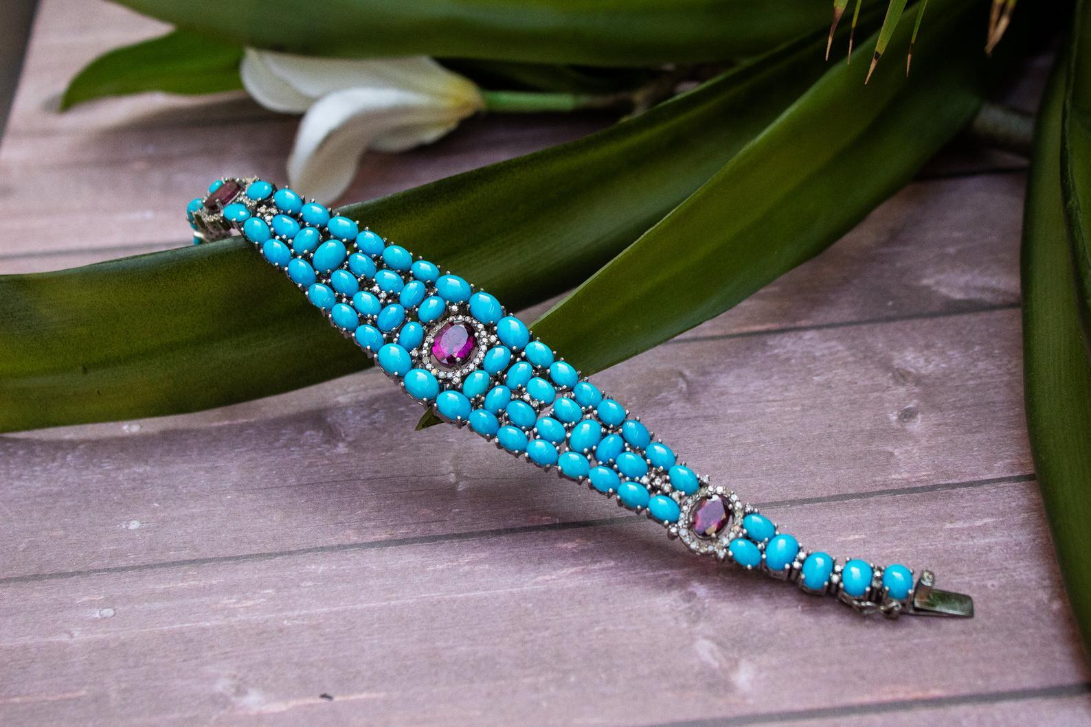 Women's High Grade Diamond Turquoise Bracelet with Tourmalines For Sale