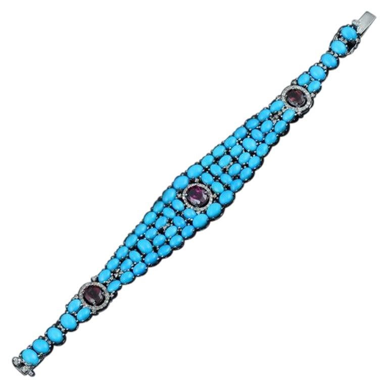 High Grade Diamond Turquoise Bracelet with Tourmalines For Sale