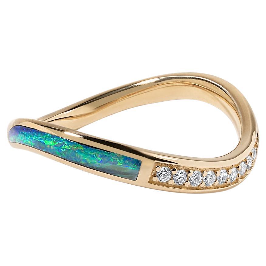 High Grade 'Five Star' Australian Opal and Diamond Wavy Stacker Ring, 14kt Gold For Sale