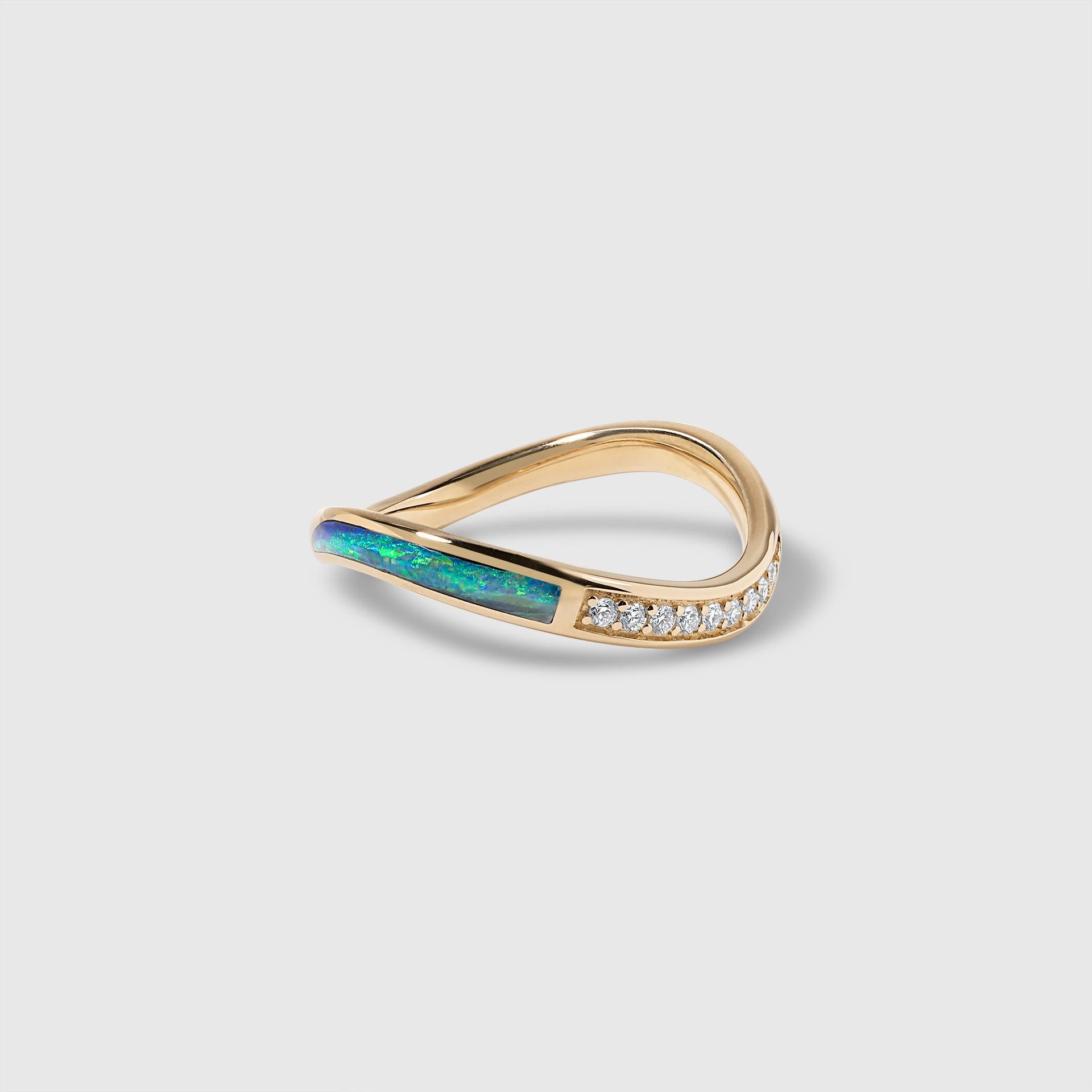 High Grade Five Star Australian Opal Diamond Wavy Stacker Ring 14K Gold In New Condition For Sale In Bozeman, MT