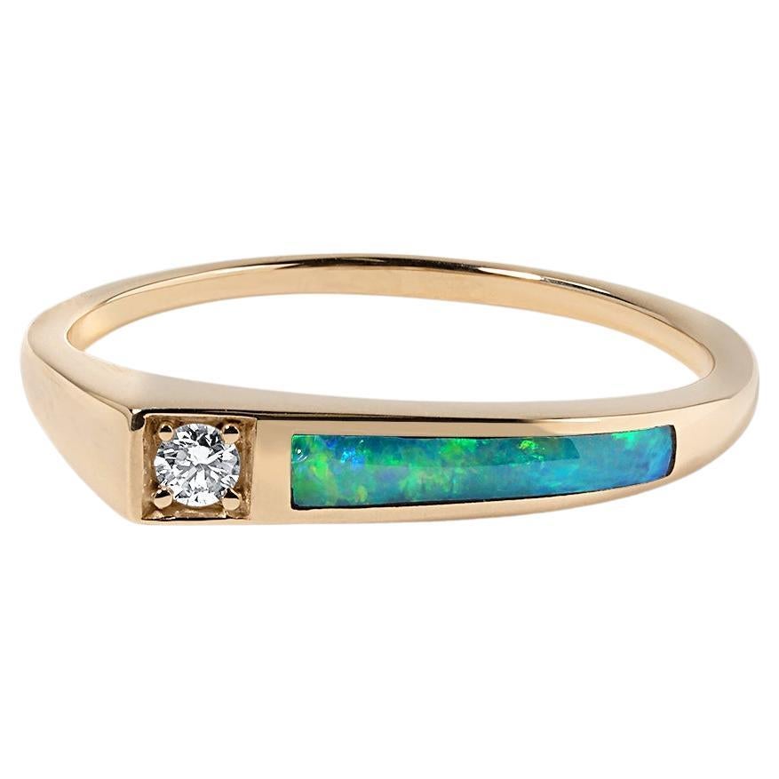High-Grade 'Five-Star', Opal Stacker Ring with Side Diamond Detail For Sale