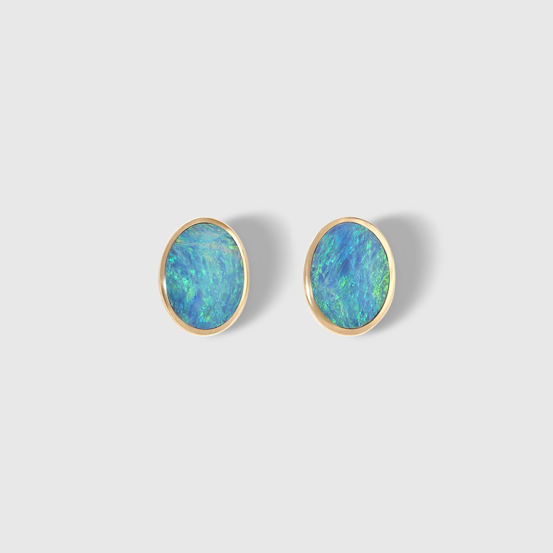 Contemporary High Grade 'Five-Star' Oval, Australian Opal Post Earrings, 14kt Gold by Kabana For Sale