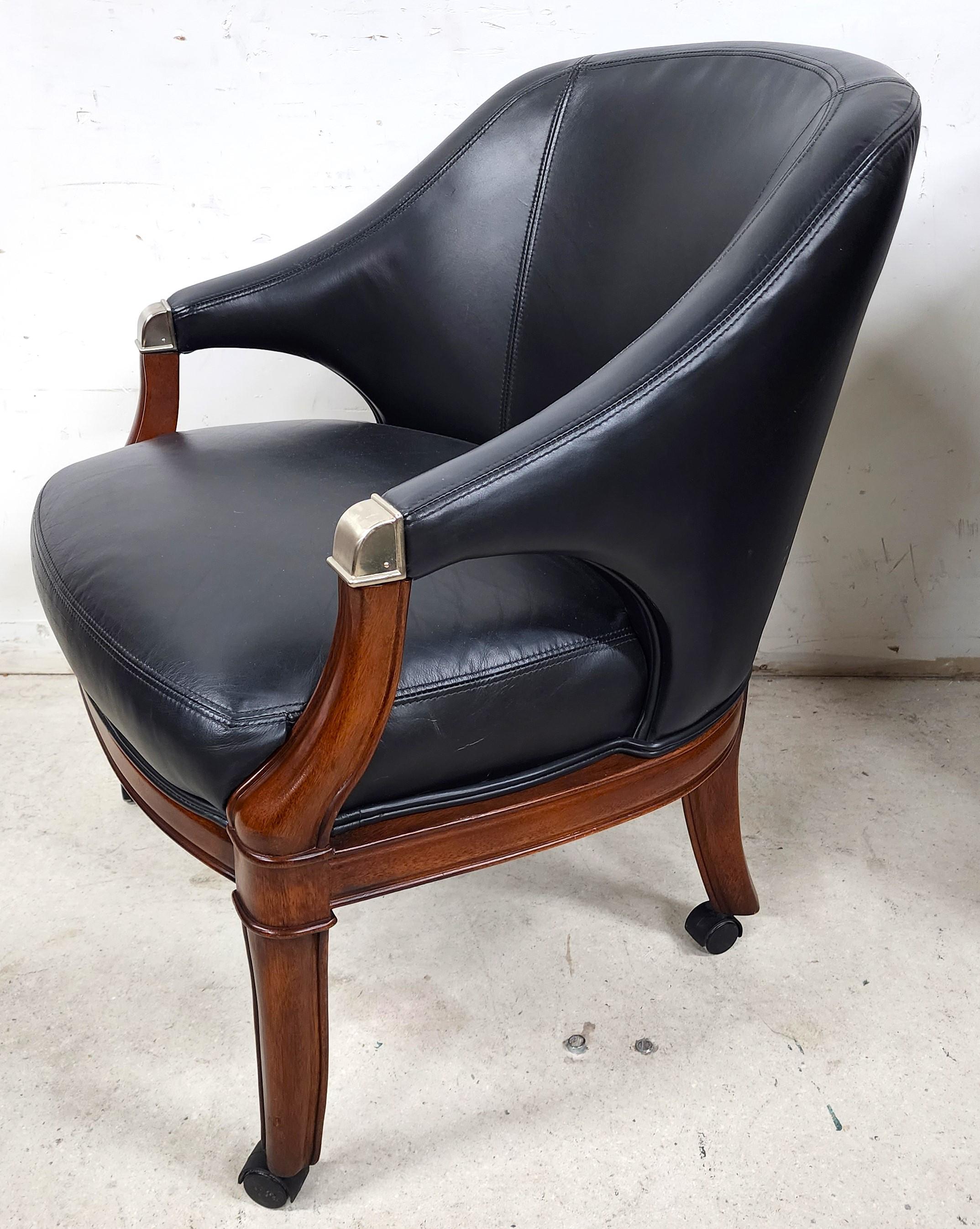 Mid-Century Modern High-Grade Leather Dining Game Rolling Armchairs by Thomasville