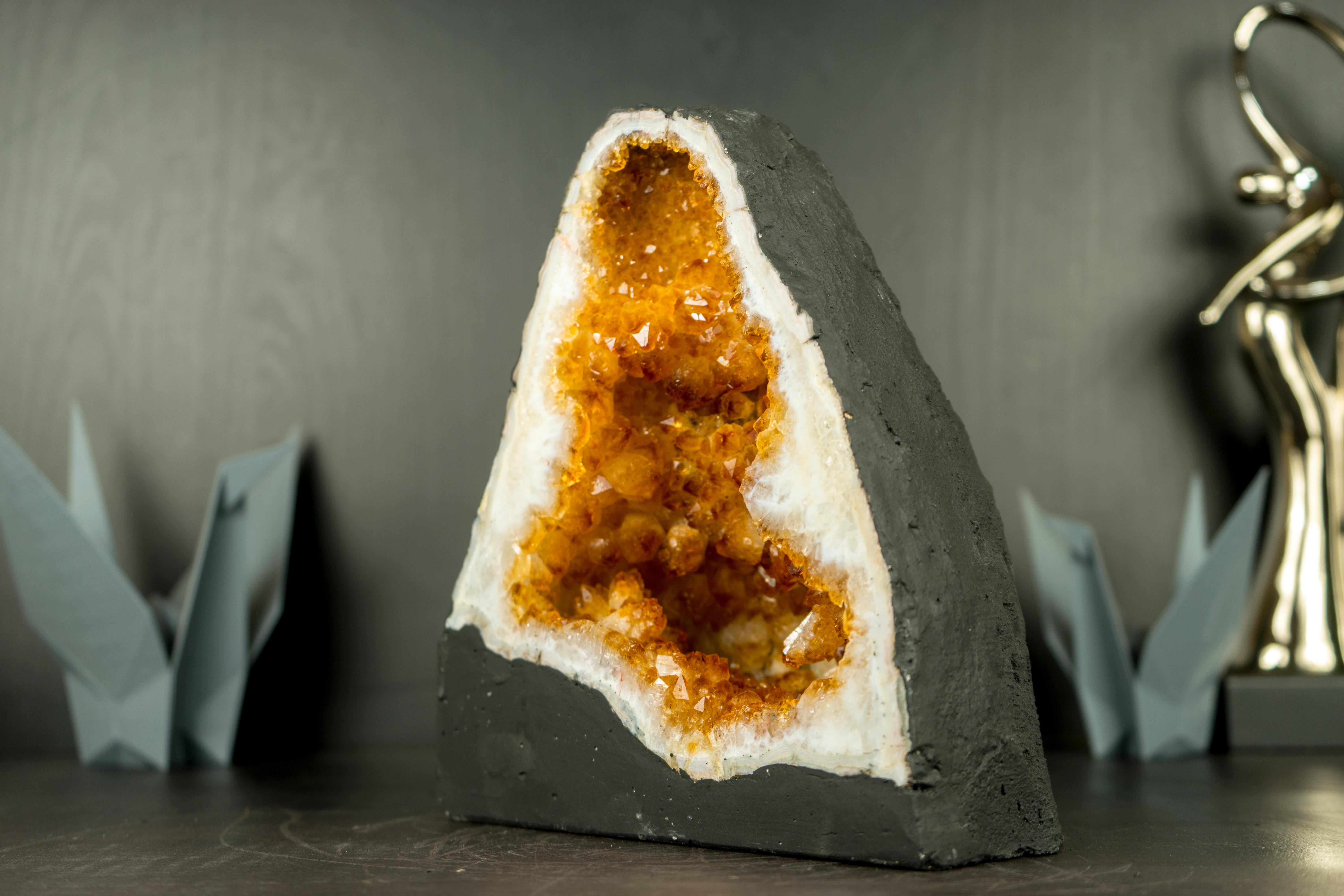 Contemporary High-Grade Natural Citrine Geode Cave with Deep Orange Citrine Druzy For Sale