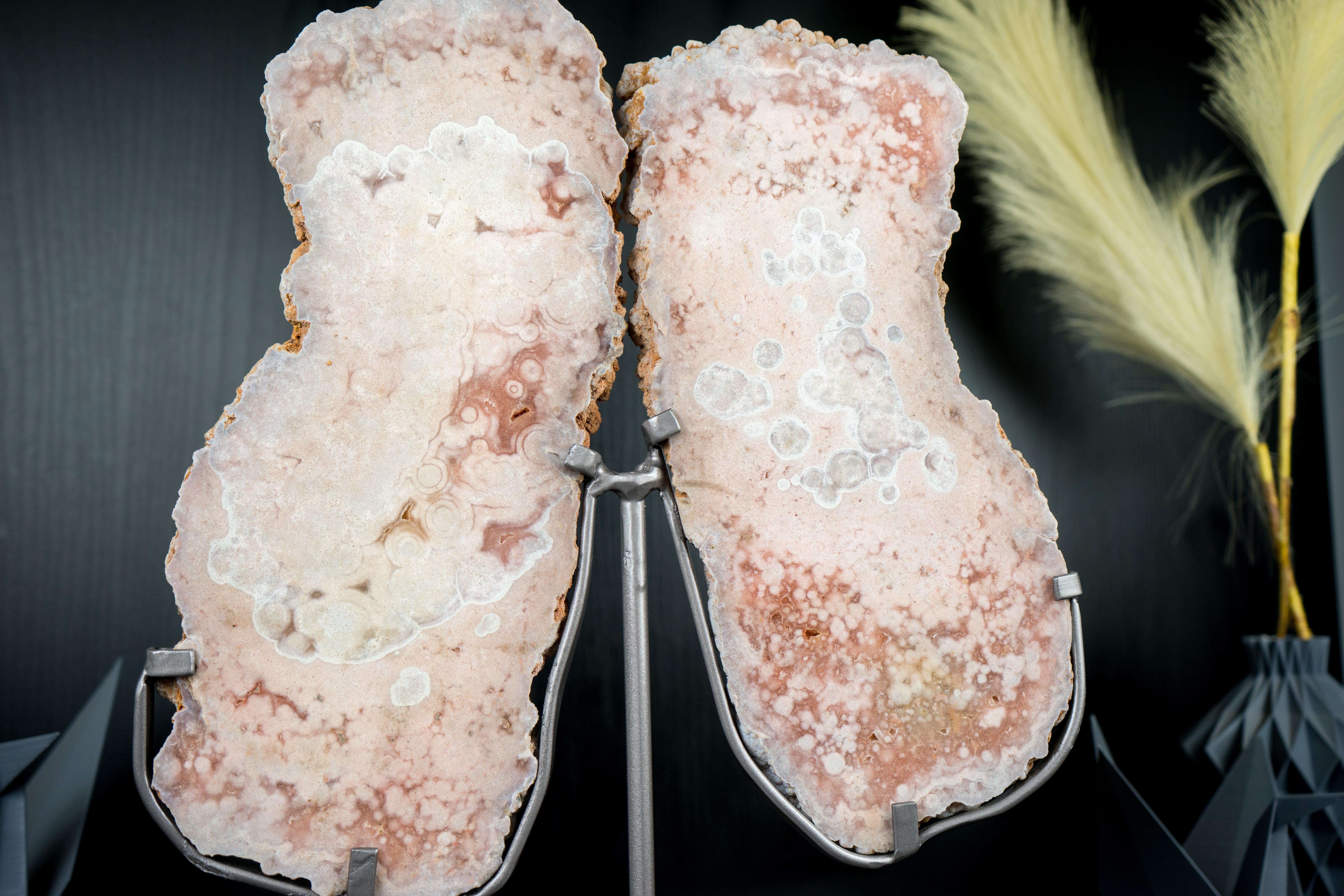 Contemporary High-Grade Pink Amethyst Geode Slab set as Butterfly Wings, Red And Rose Quartz For Sale