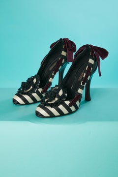 High heels black & white striped pump with velvet ribbon Louis Vuitt