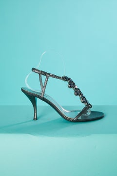 High heels evening sandals in silver leather and cabochons Lella Baldi