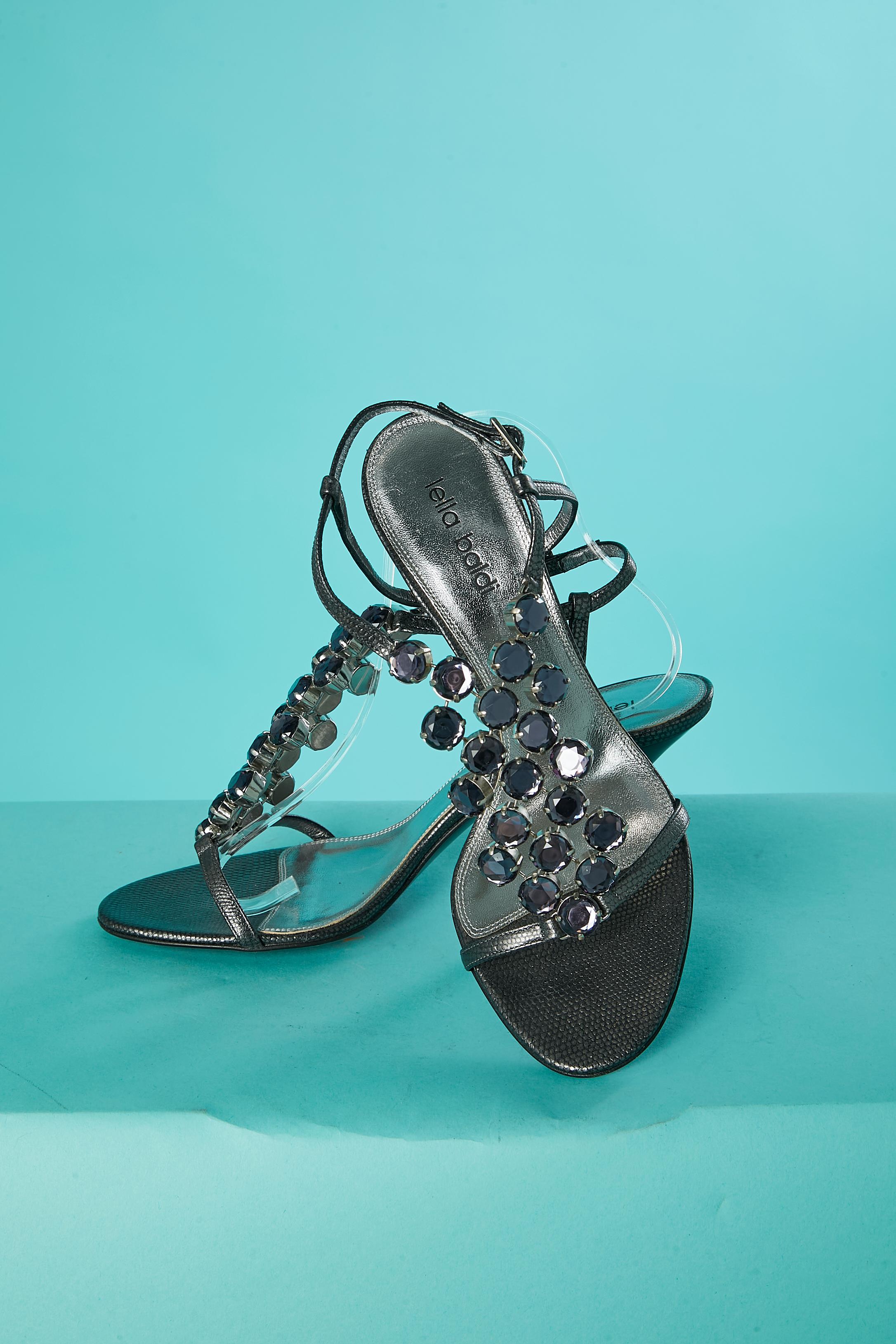 High heels evening sandals in silver leather and cabochons Lella Baldi  In Excellent Condition For Sale In Saint-Ouen-Sur-Seine, FR