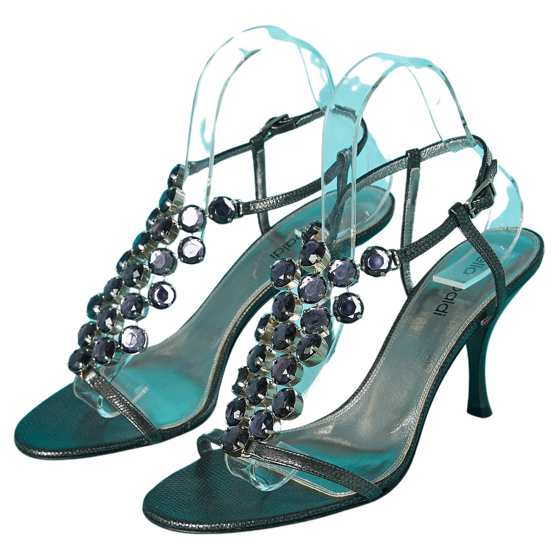 High heels evening sandals in silver leather and cabochons Lella Baldi 