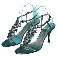Used High heels evening sandals in silver leather and cabochons Lella Baldi 