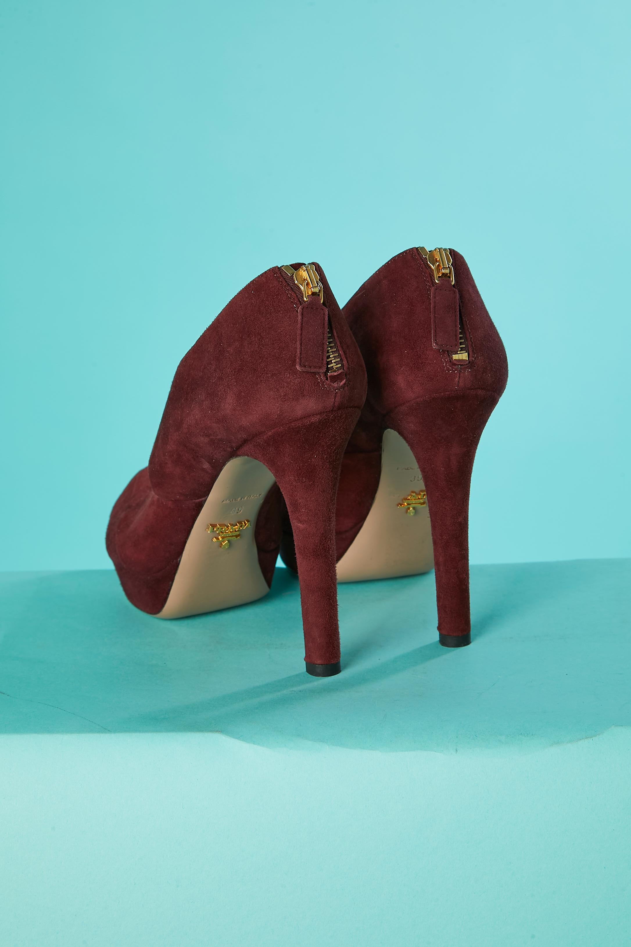 Brown High heels sandals in burgundy suede with cut-work PRADA  For Sale