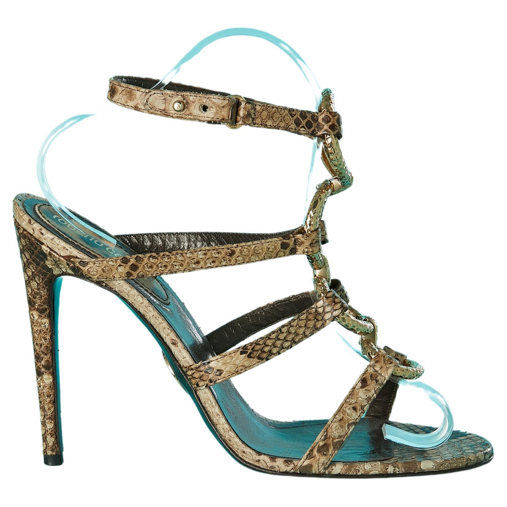 High heels sandals in leather and gold metallic rings Robert Cavalli  For Sale