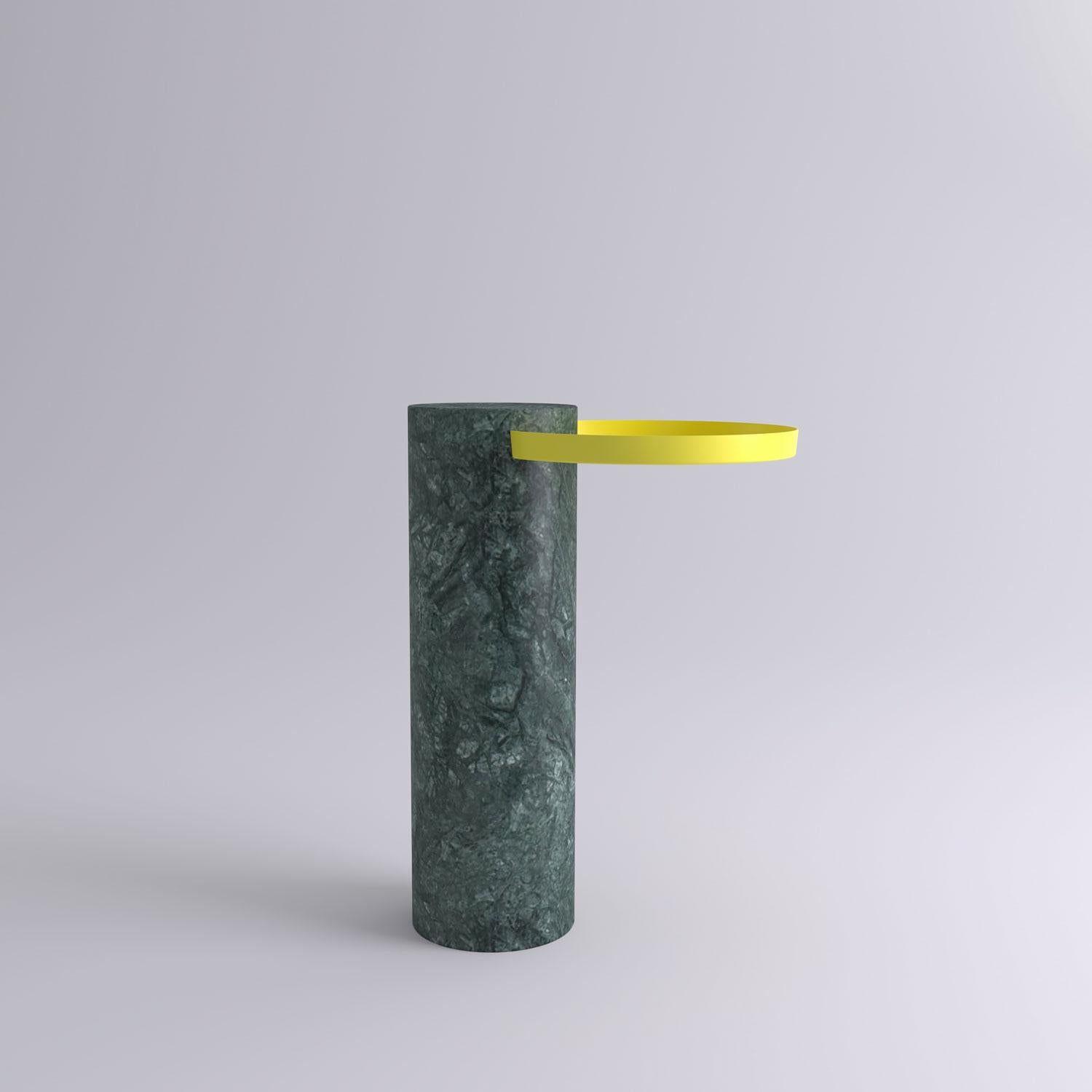 High indian green marble contemporary guéridon, Sebastian Herkner
Dimensions: D 42 x H 57 cm
Materials: Indian Green marble, yellow metal tray

The salute table exists in 3 sizes, 4 different marble stones for the column and 5 different finishes
