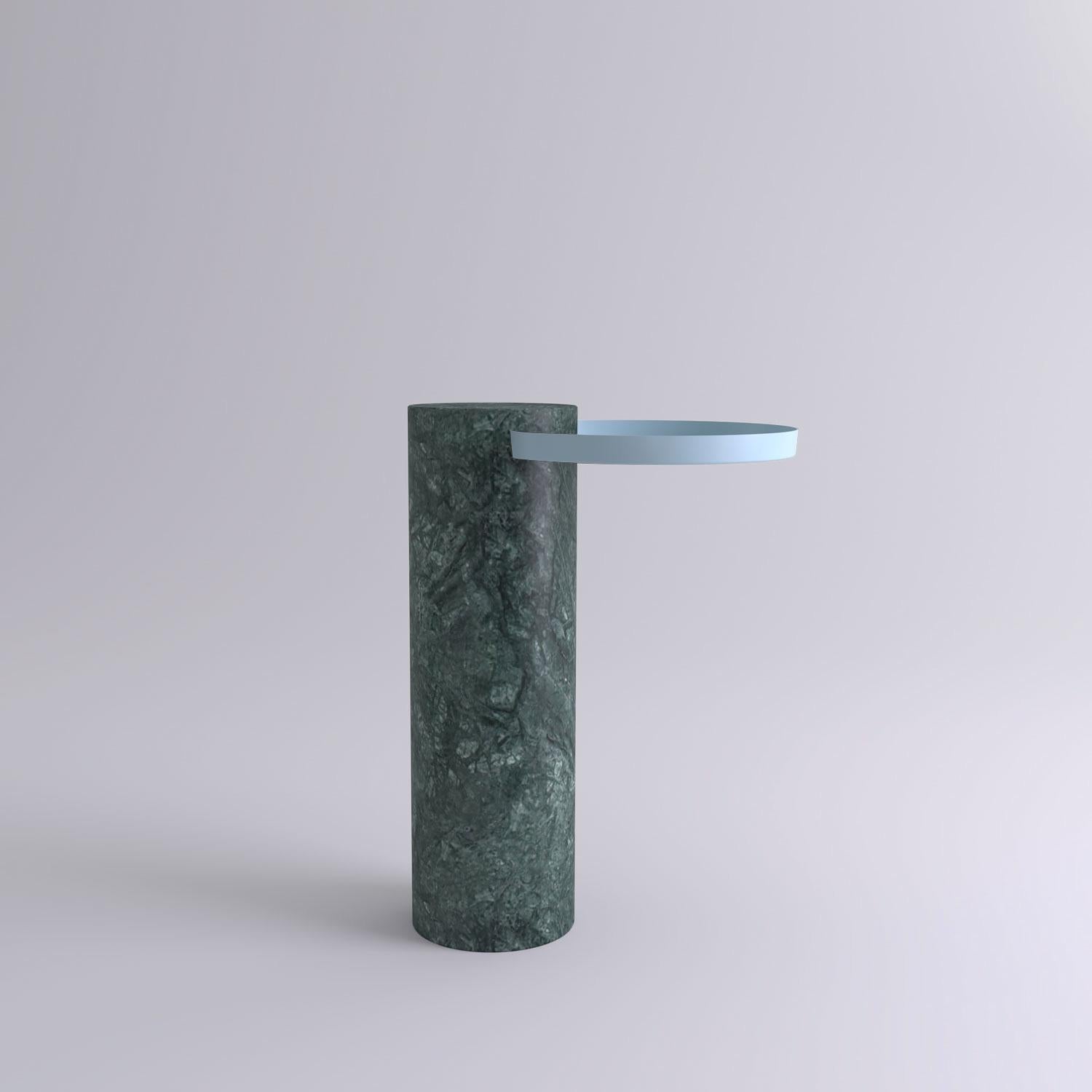 High indian green marble contemporary guéridon, Sebastian Herkner
Dimensions: D 42 x H 57 cm
Materials: Indian green marble, light blue metal tray

The salute table exists in 3 sizes, 4 different marble stones for the column and 5 different