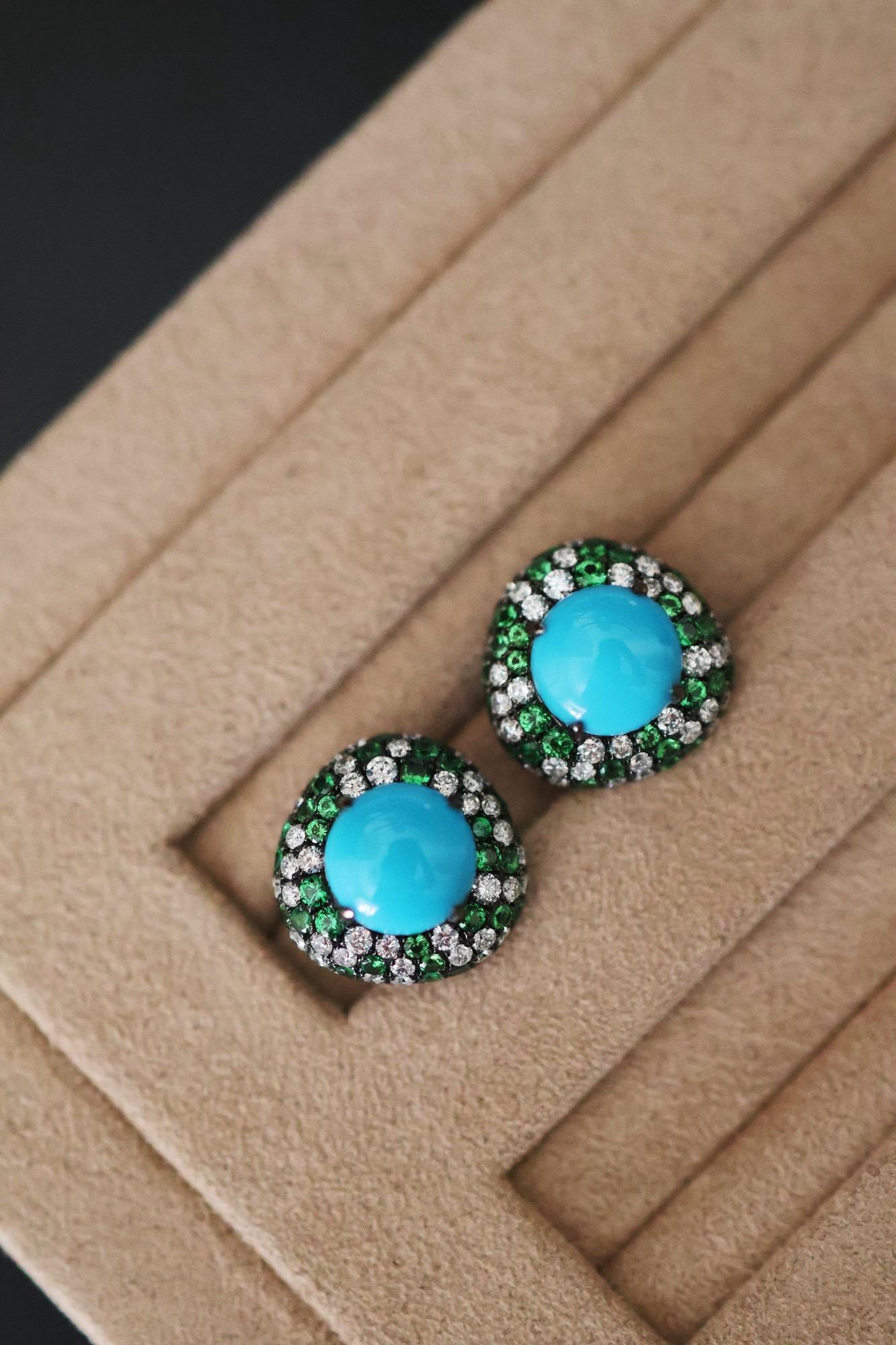 Haute - Jewell Boucles d'oreilles Halo Turquoise Diamant Tsavorite en vente 4