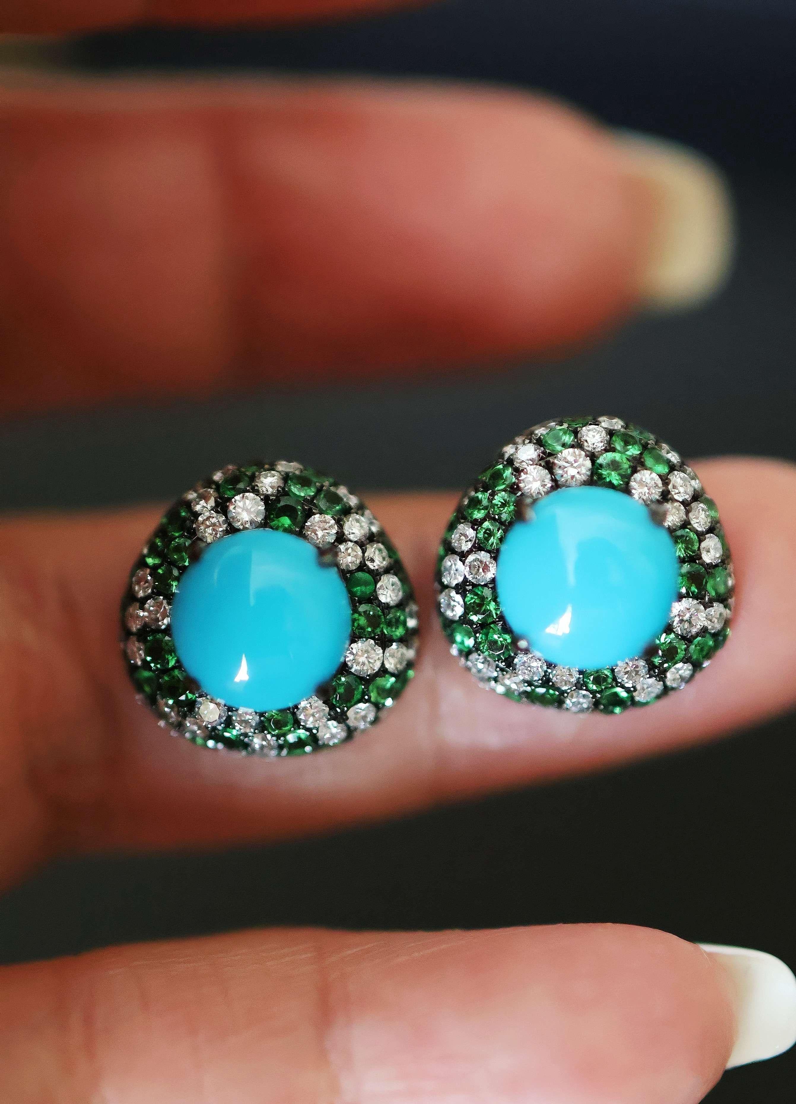 Moderne Haute - Jewell Boucles d'oreilles Halo Turquoise Diamant Tsavorite en vente