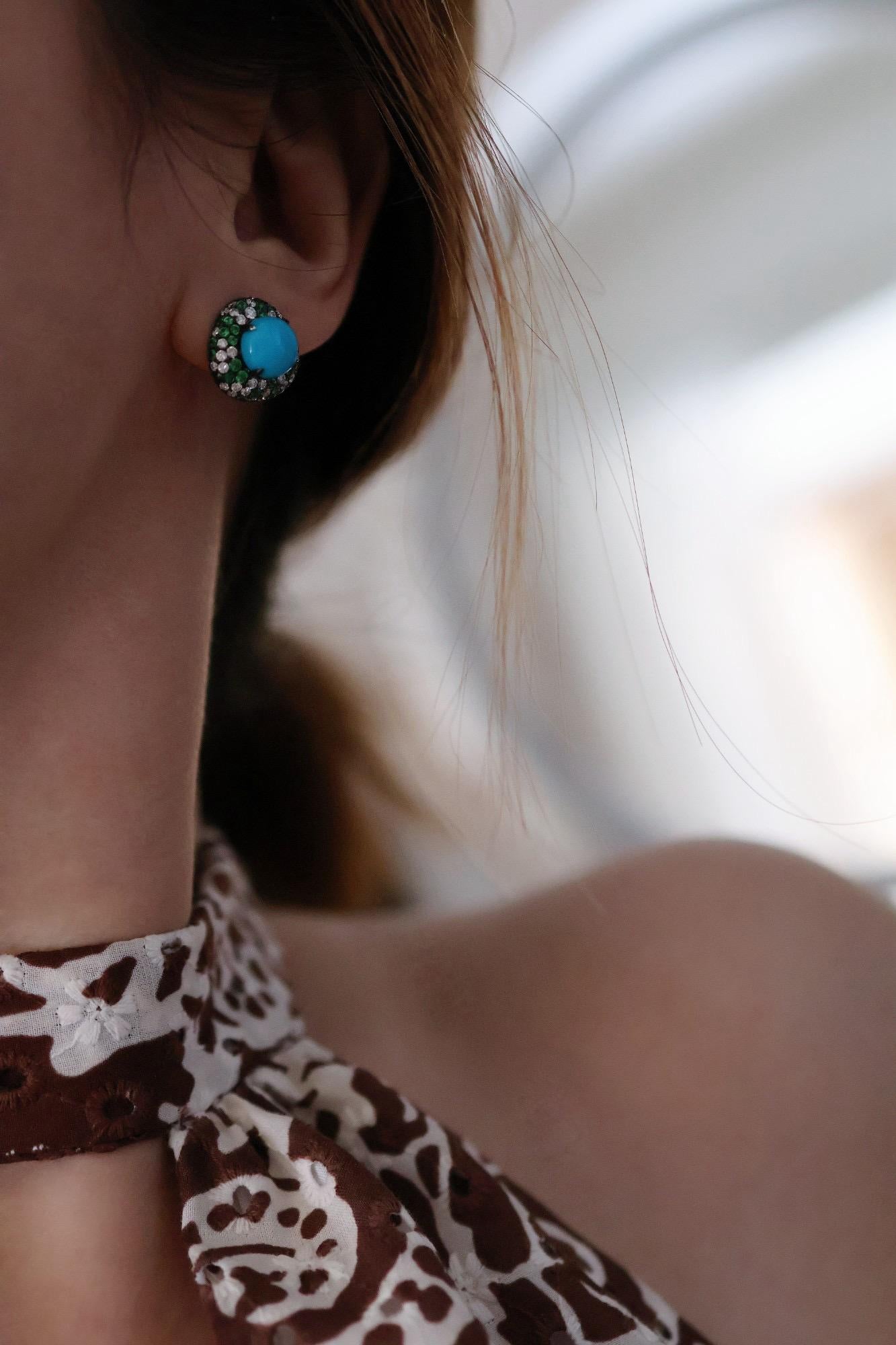 Haute - Jewell Boucles d'oreilles Halo Turquoise Diamant Tsavorite Neuf - En vente à Kowloon, HK
