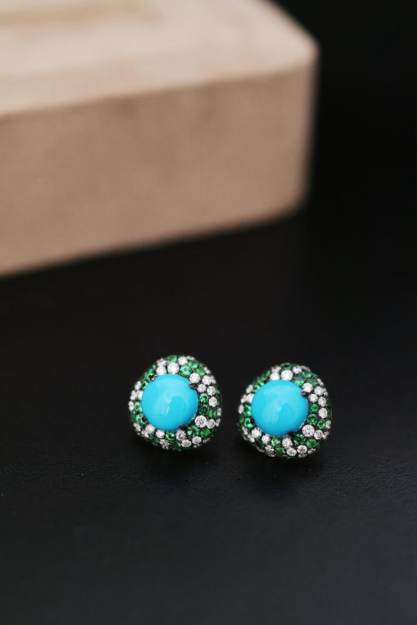 Haute - Jewell Boucles d'oreilles Halo Turquoise Diamant Tsavorite en vente 1