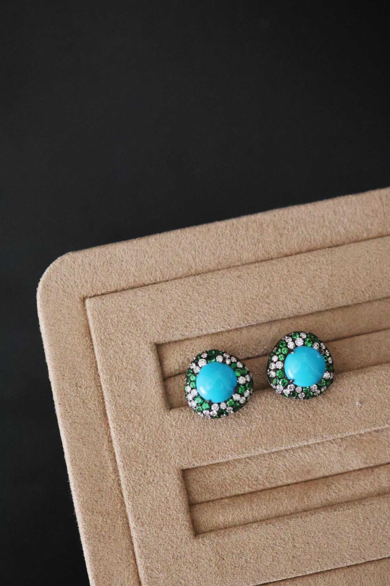 Haute - Jewell Boucles d'oreilles Halo Turquoise Diamant Tsavorite en vente 2