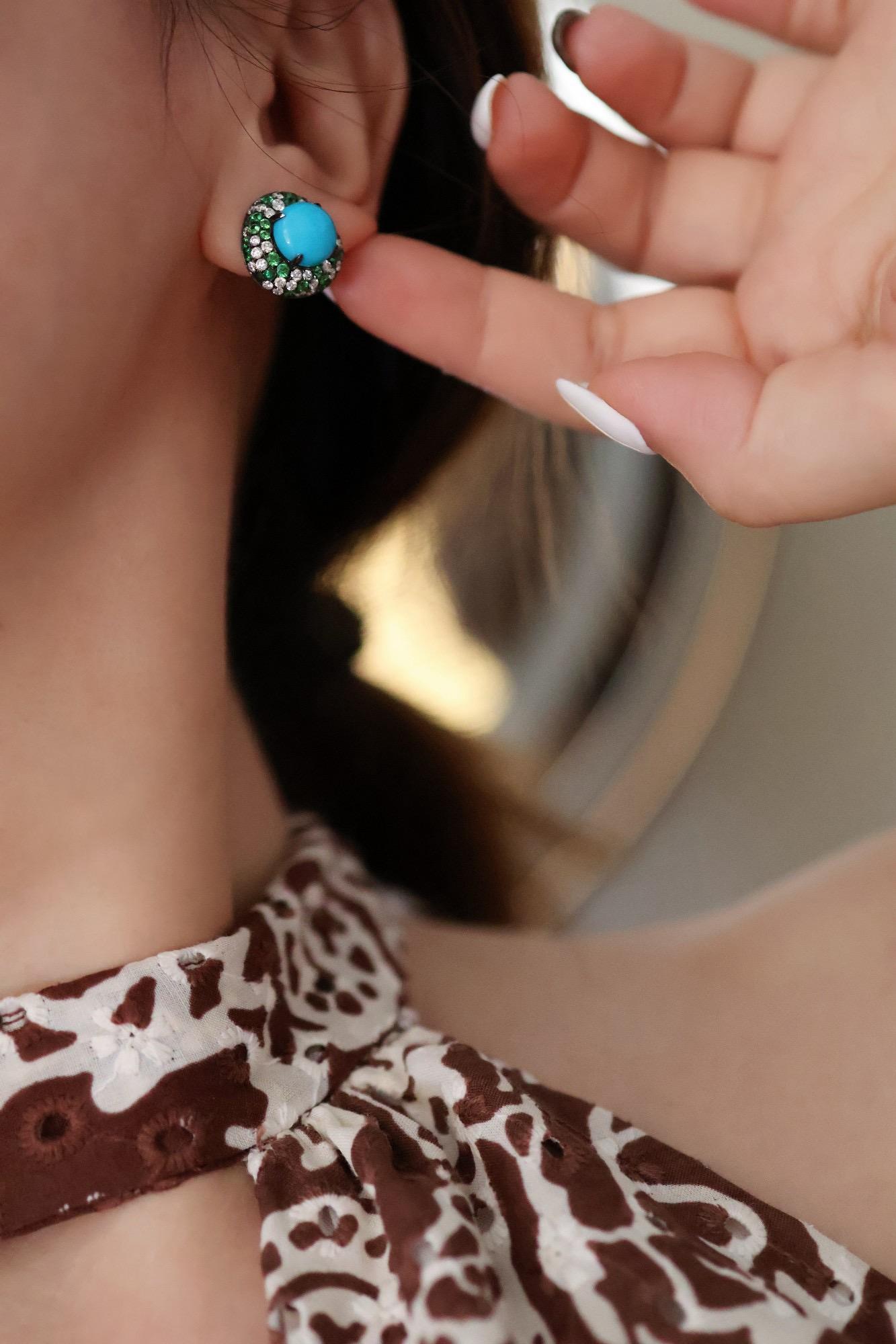 Haute - Jewell Boucles d'oreilles Halo Turquoise Diamant Tsavorite en vente 3