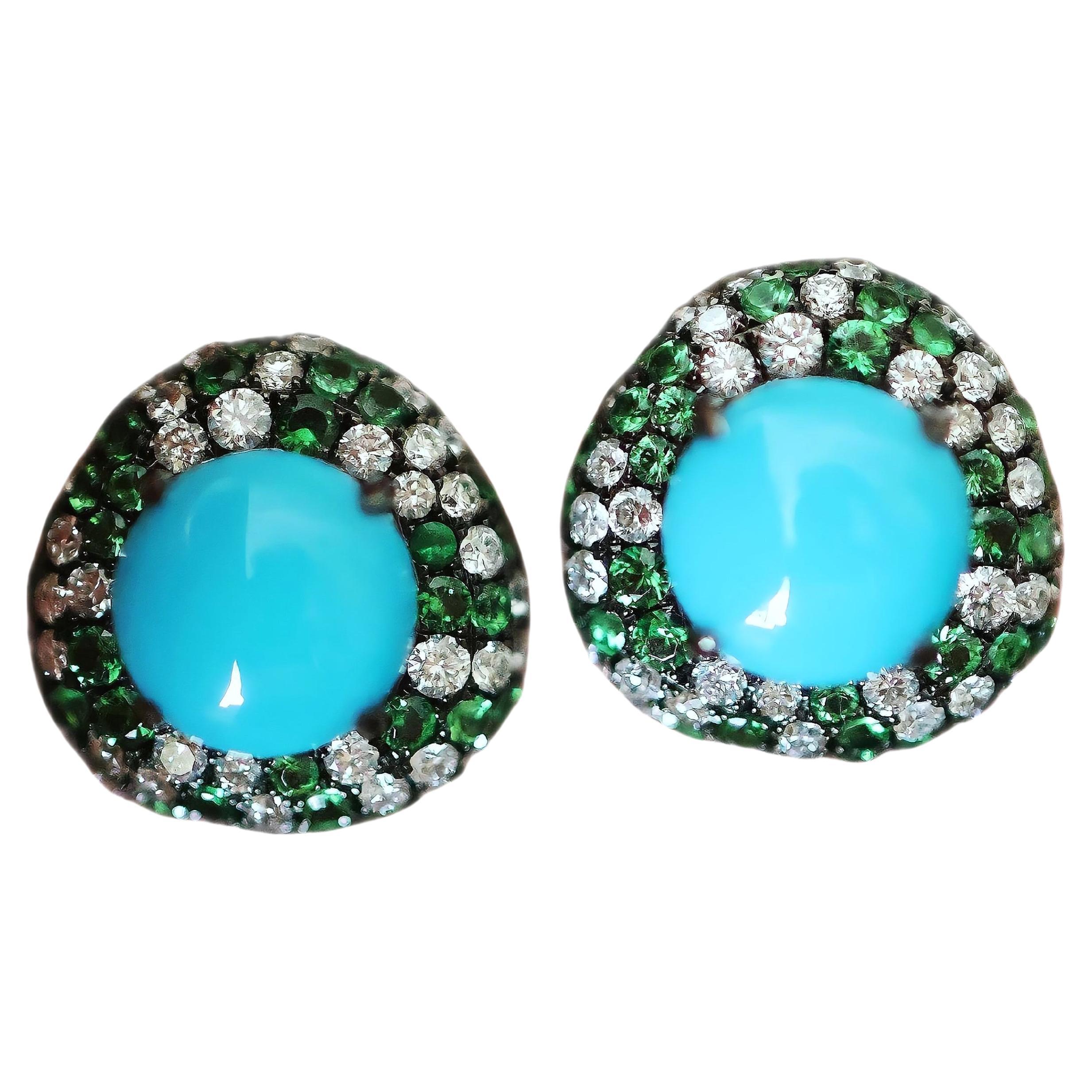 Haute - Jewell Boucles d'oreilles Halo Turquoise Diamant Tsavorite en vente